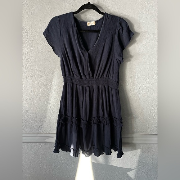 Altar’d State | navy | ruffle | lined | v neck | dress | L - Picture 1 of 9